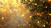 Magical Christmas background with evergreen pine branches and glowing golden bokeh lights creating festive holiday atmosphere. Blurred warm sparkles.
