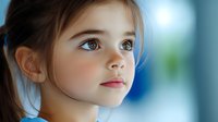 Young girl with brown hair and expressive eyes gazes upward with innocent, dreamy expression against soft blue background, natural lighting highlights gentle features.