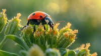 Red ladybug crawling on yellow wildflower petals against blurred green natural background, macro photography with soft morning light and bokeh effect.