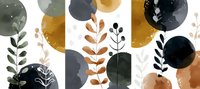 Abstract watercolor composition with botanical elements in black, gold, and gray circles, featuring delicate leaf silhouettes and organic shapes for modern wall art and textile design.