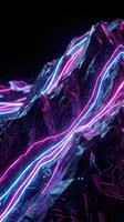 Futuristic neon glowing lines flowing across rocky terrain with magenta and cyan light trails against dark background for sci-fi and gaming projects.
