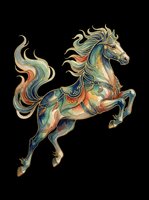 Ornate carousel horse with flowing mane and tail in jewel tones, isolated on transparent background. Ready for t-shirt design, clipart, stickers, sublimation, and print-on-demand products.