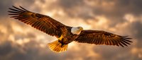 Bald eagle soaring through cloudy sky with wings spread wide, displaying brown and white plumage during flight for wildlife and nature content.