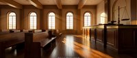 Empty courtroom interior with wooden benches, judge bench and scales of justice symbol. Classic legal architecture with arched windows and warm lighting.