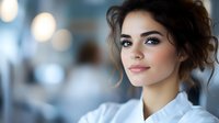 Young Hispanic woman with natural makeup and updo hairstyle wearing white blouse smiling confidently against blurred bokeh background. Professional portrait for business.