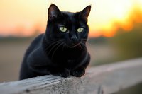 Black cat with bright green eyes resting on wooden surface at sunset, mysterious feline portrait with blurred golden sky background creating atmospheric mood.