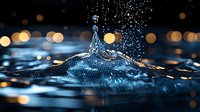 Water drop crown splash with golden bokeh lights creating magical atmosphere on dark blue surface, frozen moment of liquid dynamics captured in macro photography.