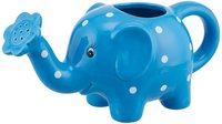 Bright blue ceramic watering can shaped like an elephant with white polka dots, featuring a curved trunk spout and handle. Perfect for gardening, plant care, and decorative home accents.