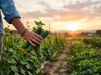 Farmer hand holding young green plant seedling in agricultural field during golden sunset for sustainable farming and crop cultivation.
