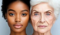 Young African woman and senior Caucasian woman faces side by side showing beauty and aging contrast, natural makeup, wrinkles versus smooth skin comparison.