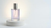 Elegant glass perfume bottle with silver cap on white podium, soft pink glow, isolated on white background for luxury beauty branding.