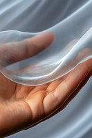 Gentle flowing transparent fabric floating above an open palm creates ethereal movement and soft curves against warm skin tones and gray background.