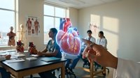 Medical professionals and students examine holographic heart anatomy in modern classroom with natural light and educational models on desk.