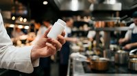 White blank jar held by male hand in professional kitchen environment with blurred staff and equipment in background, suitable for product mockups and culinary branding.