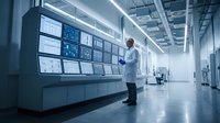 Male scientist in white lab coat monitoring multiple computer screens in modern research facility control room with industrial ceiling and bright lighting.