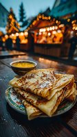 Traditional crepes with golden sauce at festive outdoor market with warm bokeh lights creating cozy evening atmosphere for holiday dining and street food culture.
