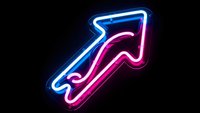 Neon arrow sign glowing in blue and pink colors on black background for business growth, success direction and marketing concepts.