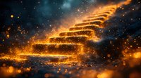 Magical glowing golden stairway with sparkling particles against dark background creates mystical atmosphere for fantasy and spiritual concepts.