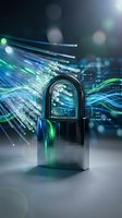 Digital padlock with fiber optic cables and circuit board background representing cybersecurity data protection and network security technology.