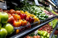 Fresh colorful bell peppers displayed in grocery store produce section with vibrant vegetables creating healthy shopping atmosphere for nutrition marketing.