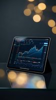 Digital tablet displaying financial trading charts and market data analysis with warm bokeh lights creating professional investment atmosphere.