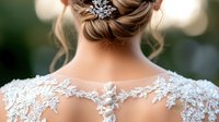 Elegant bridal hairstyle with crystal hair accessory and delicate white lace detail on wedding dress back, soft focus romantic style with bokeh background.