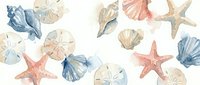 Watercolor seashells and starfish collection with sand dollars in soft blue coral tones isolated on white background for coastal design projects.
