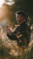 Middle-aged Asian man in traditional clothing practicing tai chi with focused expression in golden sunset light among tall grass.