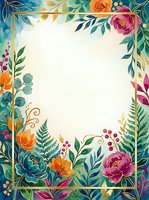 Watercolor floral frame with gold border, vibrant flowers and lush greenery surrounding a blank center for text or design use.