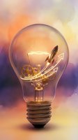 Light bulb with rocket and gears inside representing innovation, creativity, and business growth concepts on colorful gradient background.