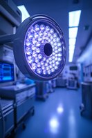 Modern surgical light with LED technology in operating room with blue ambient lighting for medical procedures and healthcare operations.