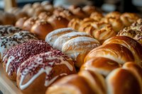 Fresh artisan bread loaves and pastries displayed at bakery counter with golden crusts and various toppings for breakfast and dining concepts.