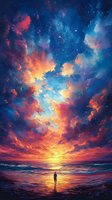 Silhouette of person standing on beach at dramatic sunset with vibrant orange and blue clouds reflecting in ocean waves, stars visible in twilight sky.