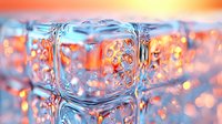 Macro shot of melting ice cubes with orange sunset bokeh background creating magical light refraction patterns and crystal clear water droplets. Perfect for beverage concepts.
