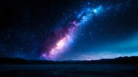 Vibrant night sky with colorful Milky Way galaxy stretching across dark mountain landscape, featuring dramatic blue and purple cosmic colors against starry space.