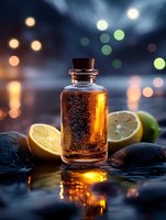 Glass bottle with cork stopper containing golden liquid surrounded by fresh lemon slices and spa stones with bokeh lights background for wellness aromatherapy.
