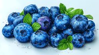 Fresh ripe blueberries with water drops and mint leaves on white background, perfect for healthy eating lifestyle, food packaging design and natural product marketing.