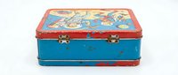 Vintage colorful metal lunch box with cartoon illustrations on lid, retro children's food container with clasps, nostalgic school accessory from past decades.