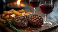 Juicy grilled beef tenderloin steaks served with roasted potatoes and red wine on wooden board. Romantic dinner setting with moody lighting and fresh herbs.