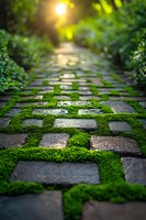 Mossy cobblestone garden path with sunlight streaming through trees creates magical atmosphere. Natural stone walkway with green moss growing between rocks.