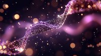 Glowing purple wave made of sparkling particles flowing on dark background with golden bokeh lights and magical dust effect.