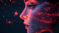 Female profile silhouette illuminated by glowing red particles against dark background, creating magical ethereal atmosphere with sparkles and bokeh light effects.