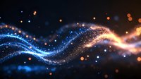 Magical glowing wave with sparkling blue and orange light particles flowing in dark space, abstract dynamic motion background for technology designs.