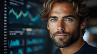Confident male trader with beard analyzing financial market data on digital screens. Professional broker monitoring stock exchange charts in dark office.