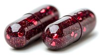 Dark red glitter capsules with heart decorations on white background, pharmaceutical love concept for valentines day medicine and romantic health supplements.