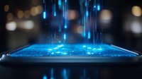 Futuristic smartphone with glowing blue light rays emerging upward against dark background with bokeh effect, showcasing advanced mobile technology concept.