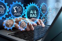 Business professional using laptop with holographic interface displaying artificial intelligence and automation technology gears for modern workflow solutions.