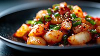 Spicy glazed scallops with sesame seeds and green onions served on dark plate, close up view of seafood appetizer in Asian sauce garnished with herbs.