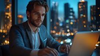 Young Caucasian businessman working late on laptop in office with city night lights and bokeh background, focused professional in suit at modern workplace.