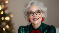 Senior woman with stylish gray hair and glasses wearing emerald green sequin dress and red earrings smiling warmly against blurred holiday lights background.